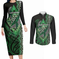 Aotearoa Iwi Ngati Pikiao Personalised Couples Matching Long Sleeve Bodycon Dress and Long Sleeve Button Shirt NZ Maori Humpback Whale Taniko Motifs LT14 Green - Polynesian Pride