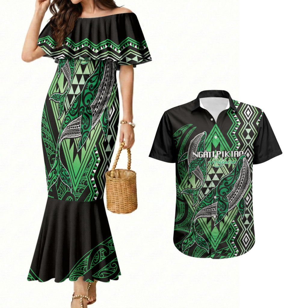 Aotearoa Iwi Ngati Pikiao Personalised Couples Matching Mermaid Dress and Hawaiian Shirt NZ Maori Humpback Whale Taniko Motifs LT14 Green - Polynesian Pride