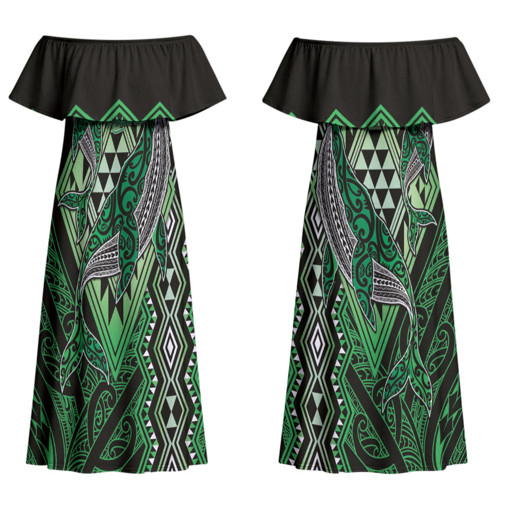 Aotearoa Iwi Ngati Pikiao Personalised Couples Matching Off Shoulder Maxi Dress and Hawaiian Shirt NZ Maori Humpback Whale Taniko Motifs LT14 - Polynesian Pride
