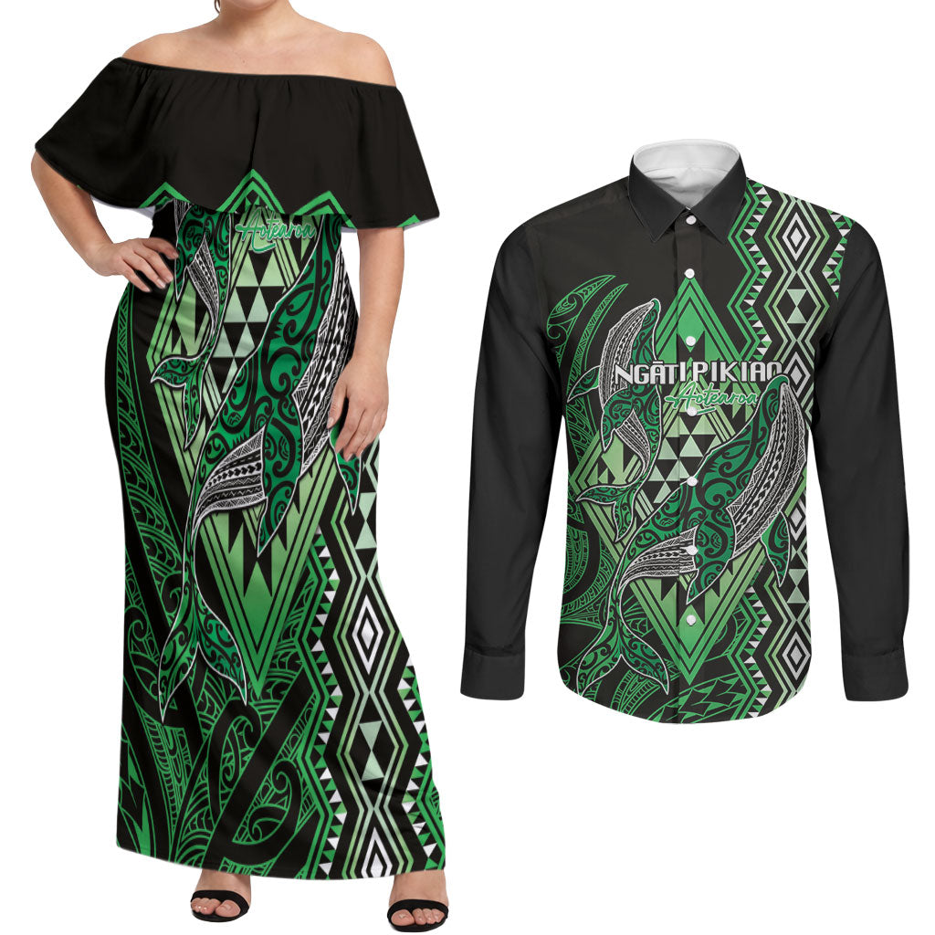 Aotearoa Iwi Ngati Pikiao Personalised Couples Matching Off Shoulder Maxi Dress and Long Sleeve Button Shirt NZ Maori Humpback Whale Taniko Motifs LT14 Green - Polynesian Pride
