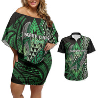 Aotearoa Iwi Ngati Pikiao Personalised Couples Matching Off Shoulder Short Dress and Hawaiian Shirt NZ Maori Humpback Whale Taniko Motifs LT14 Green - Polynesian Pride