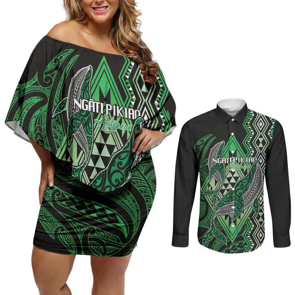 Aotearoa Iwi Ngati Pikiao Personalised Couples Matching Off Shoulder Short Dress and Long Sleeve Button Shirt NZ Maori Humpback Whale Taniko Motifs LT14 Green - Polynesian Pride
