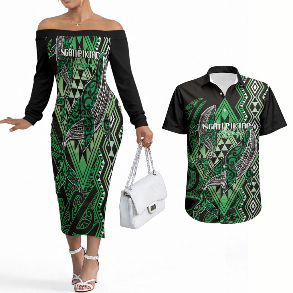 Aotearoa Iwi Ngati Pikiao Personalised Couples Matching Off The Shoulder Long Sleeve Dress and Hawaiian Shirt NZ Maori Humpback Whale Taniko Motifs LT14 Green - Polynesian Pride