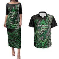 Aotearoa Iwi Ngati Pikiao Personalised Couples Matching Puletasi and Hawaiian Shirt NZ Maori Humpback Whale Taniko Motifs LT14 Green - Polynesian Pride