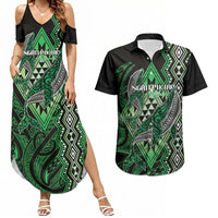 Aotearoa Iwi Ngati Pikiao Personalised Couples Matching Summer Maxi Dress and Hawaiian Shirt NZ Maori Humpback Whale Taniko Motifs LT14 Green - Polynesian Pride