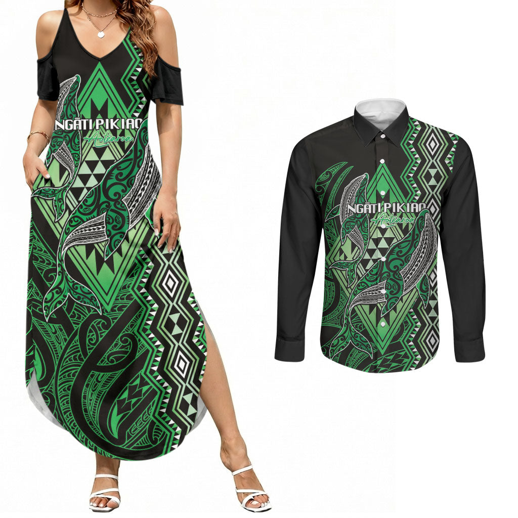Aotearoa Iwi Ngati Pikiao Personalised Couples Matching Summer Maxi Dress and Long Sleeve Button Shirt NZ Maori Humpback Whale Taniko Motifs LT14 Green - Polynesian Pride