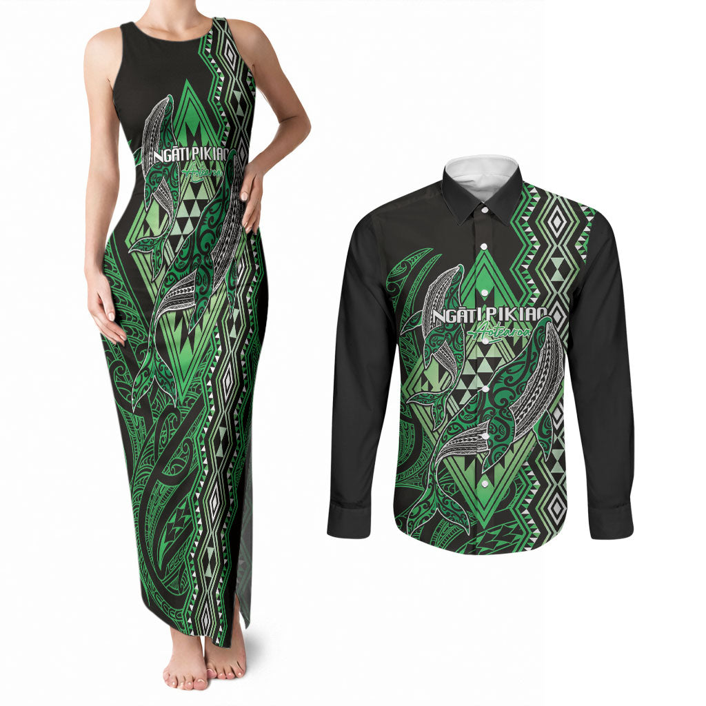 Aotearoa Iwi Ngati Pikiao Personalised Couples Matching Tank Maxi Dress and Long Sleeve Button Shirt NZ Maori Humpback Whale Taniko Motifs LT14 Green - Polynesian Pride