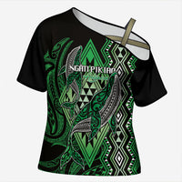 Aotearoa Iwi Ngati Pikiao Personalised Cross Shoulder Shirt NZ Maori Humpback Whale Taniko Motifs LT14 Female Green - Polynesian Pride