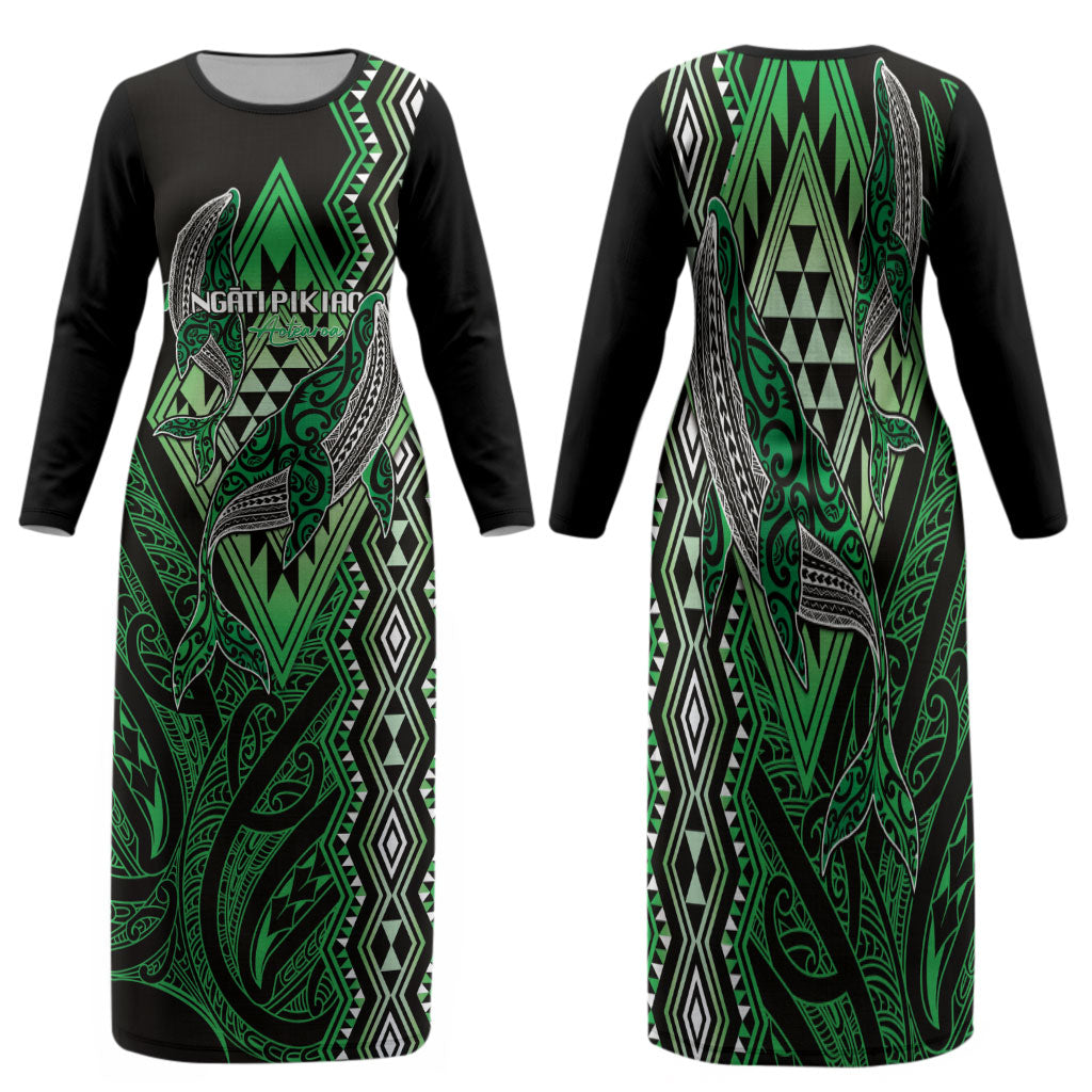 Aotearoa Iwi Ngati Pikiao Personalised Family Matching Long Sleeve Bodycon Dress and Hawaiian Shirt NZ Maori Humpback Whale Taniko Motifs LT14 Mom's Dress Green - Polynesian Pride