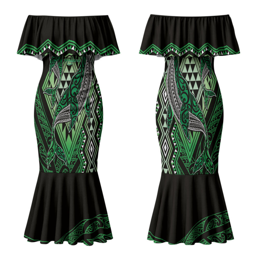 Aotearoa Iwi Ngati Pikiao Personalised Family Matching Mermaid Dress and Hawaiian Shirt NZ Maori Humpback Whale Taniko Motifs LT14 Mom's Dress Green - Polynesian Pride