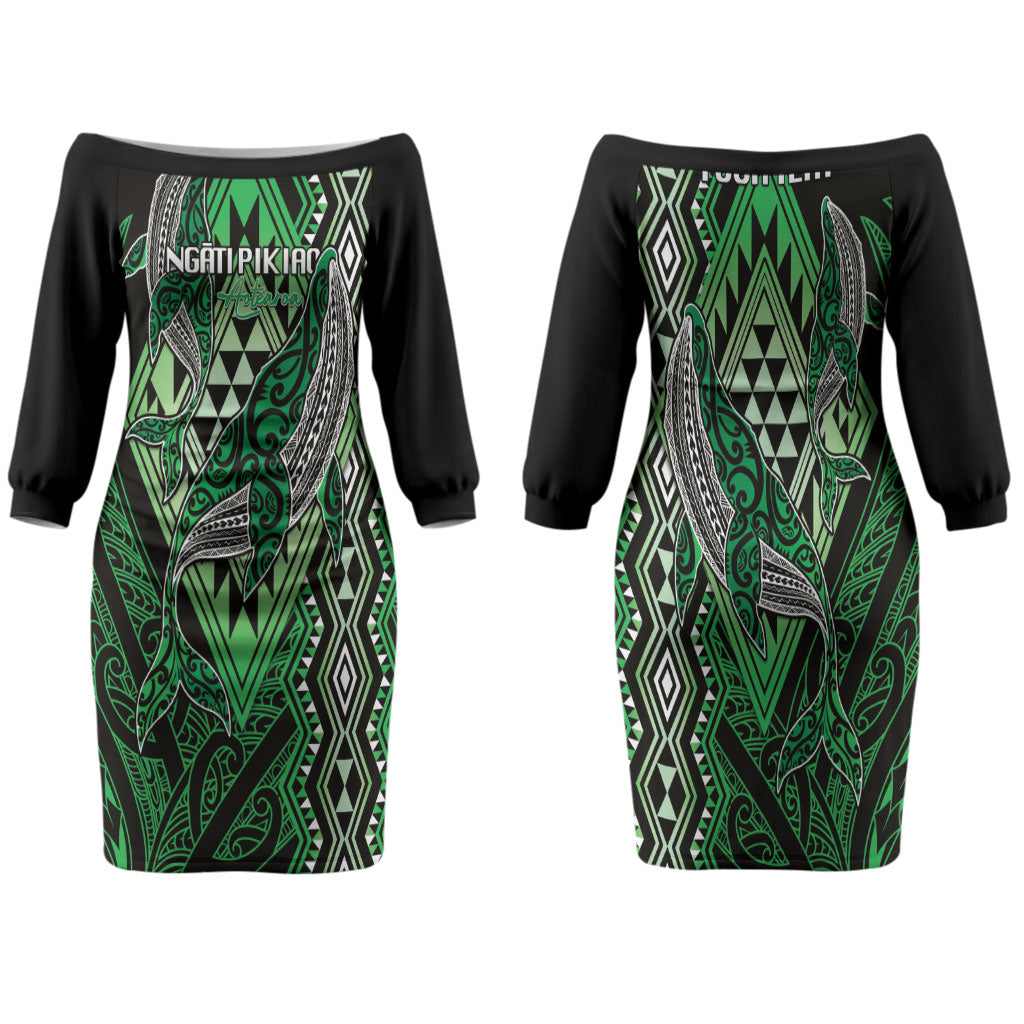 Aotearoa Iwi Ngati Pikiao Personalised Family Matching Off The Shoulder Long Sleeve Dress and Hawaiian Shirt NZ Maori Humpback Whale Taniko Motifs LT14 Mom's Dress Green - Polynesian Pride