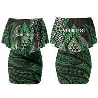 Aotearoa Iwi Ngati Pikiao Personalised Family Matching Off Shoulder Short Dress and Hawaiian Shirt NZ Maori Humpback Whale Taniko Motifs LT14 Mom's Dress Green - Polynesian Pride