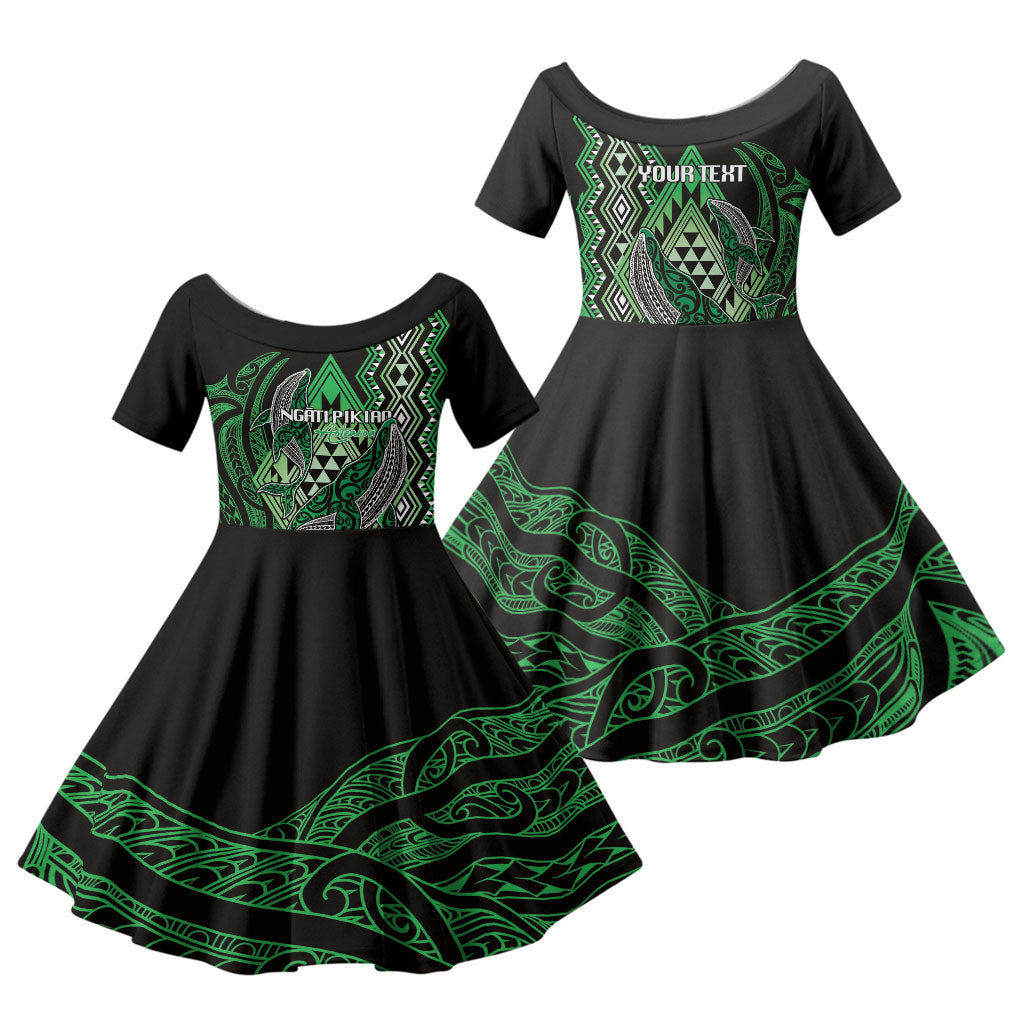 Aotearoa Iwi Ngati Pikiao Personalised Family Matching Off Shoulder Short Dress and Hawaiian Shirt NZ Maori Humpback Whale Taniko Motifs LT14 Daughter's Dress Green - Polynesian Pride