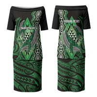 Aotearoa Iwi Ngati Pikiao Personalised Family Matching Puletasi and Hawaiian Shirt NZ Maori Humpback Whale Taniko Motifs LT14 Mom's Dress Green - Polynesian Pride