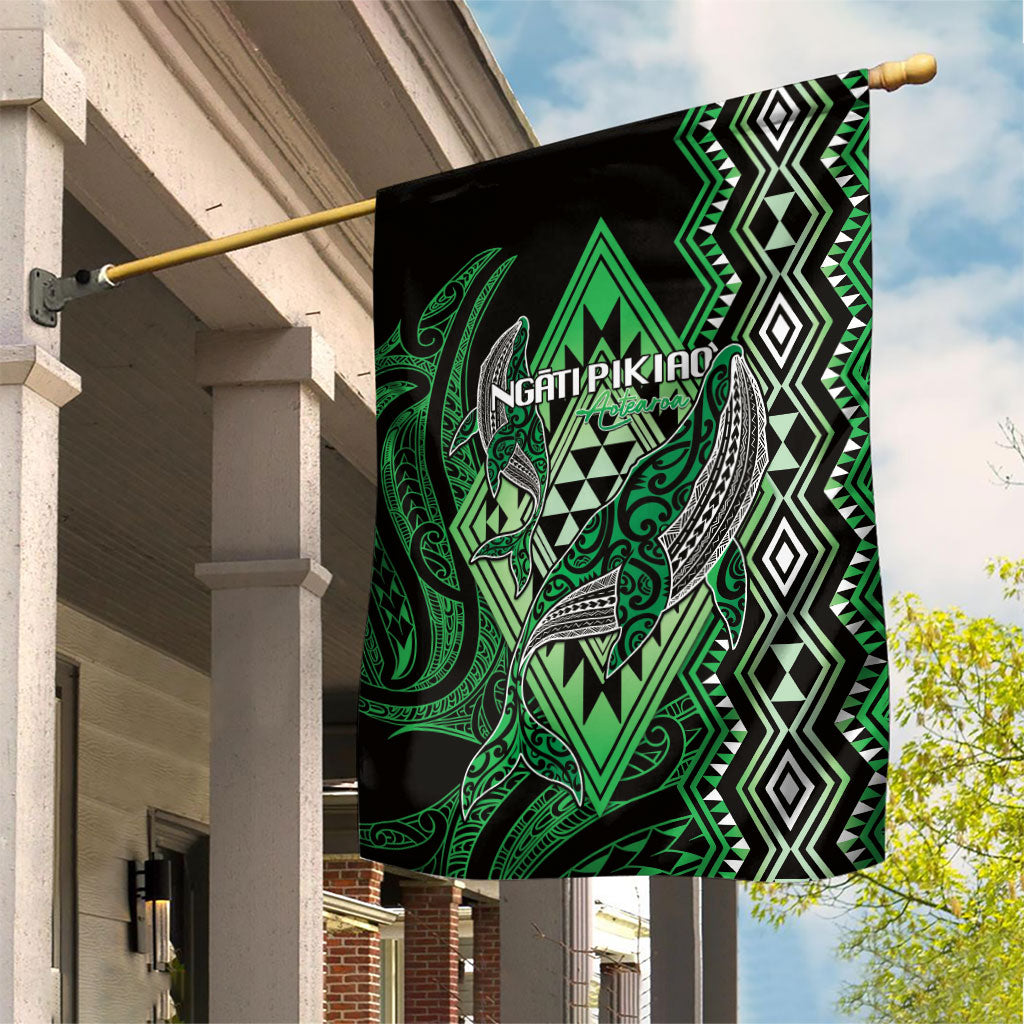 Aotearoa Iwi Ngati Pikiao Garden Flag NZ Maori Humpback Whale Taniko Motifs LT14 House Flag Green - Polynesian Pride