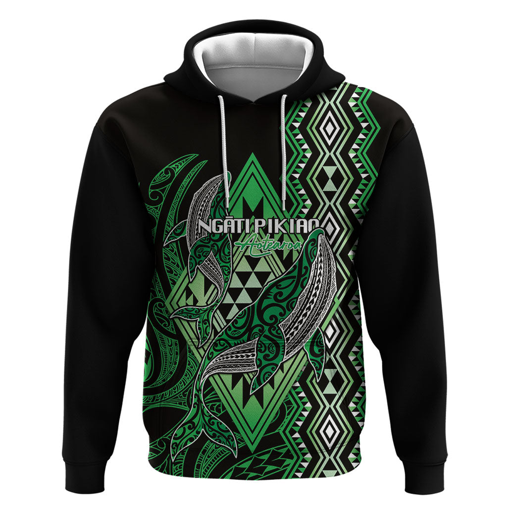 Aotearoa Iwi Ngati Pikiao Personalised Hoodie NZ Maori Humpback Whale Taniko Motifs LT14 Pullover Hoodie Green - Polynesian Pride