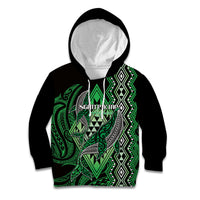 Aotearoa Iwi Ngati Pikiao Personalised Kid Hoodie NZ Maori Humpback Whale Taniko Motifs LT14 Hoodie Green - Polynesian Pride