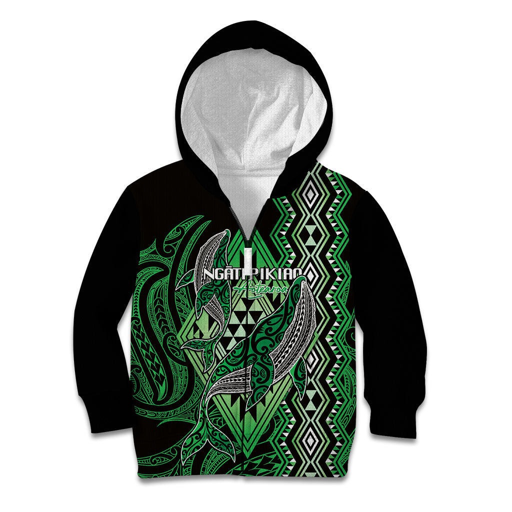 Aotearoa Iwi Ngati Pikiao Personalised Kid Hoodie NZ Maori Humpback Whale Taniko Motifs LT14 Zip Hoodie Green - Polynesian Pride
