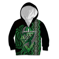 Aotearoa Iwi Ngati Pikiao Personalised Kid Hoodie NZ Maori Humpback Whale Taniko Motifs LT14 Zip Hoodie Green - Polynesian Pride