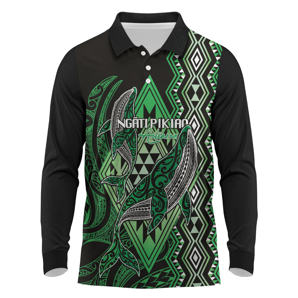 Aotearoa Iwi Ngati Pikiao Personalised Long Sleeve Polo Shirt NZ Maori Humpback Whale Taniko Motifs LT14 Green - Polynesian Pride