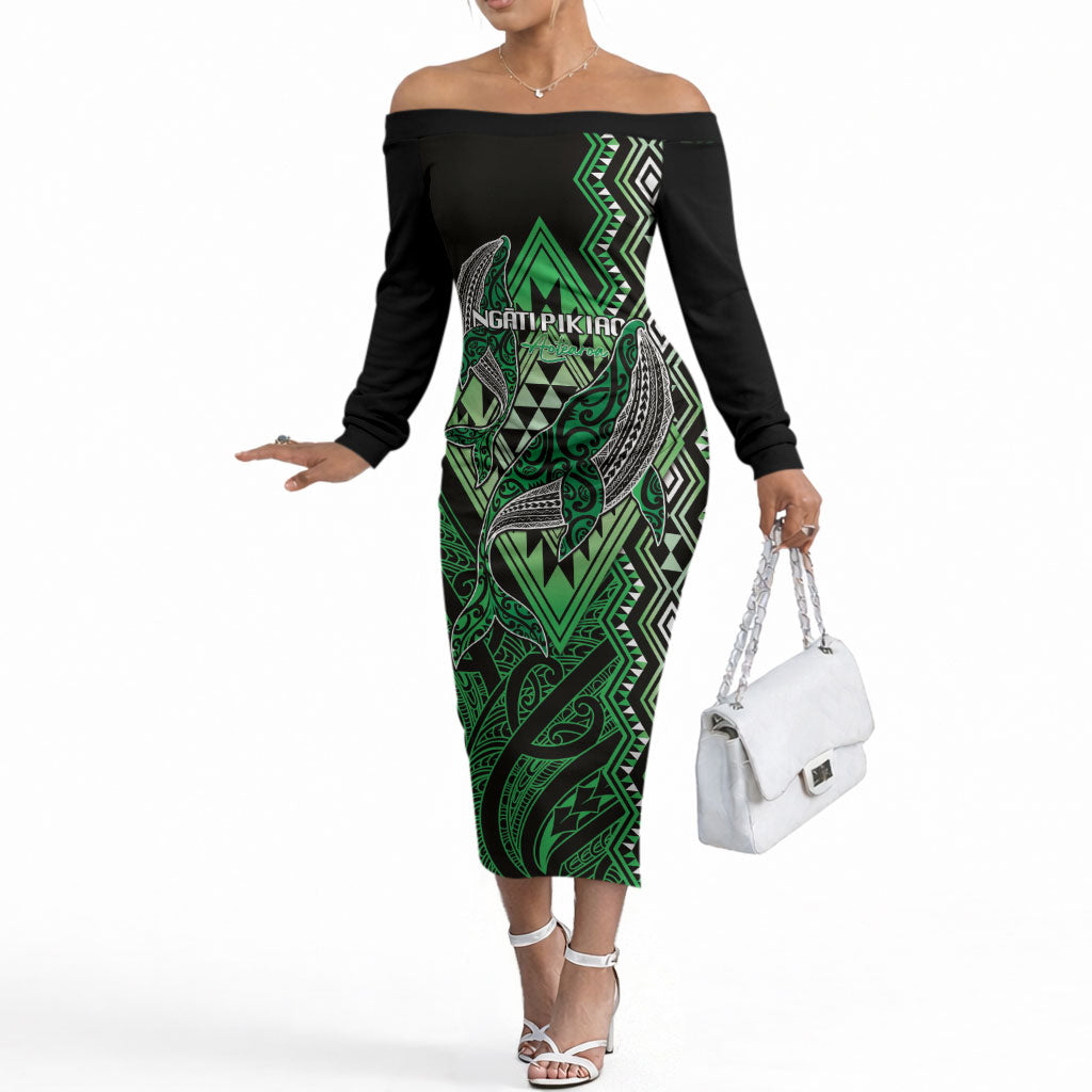 Aotearoa Iwi Ngati Pikiao Personalised Off The Shoulder Long Sleeve Dress NZ Maori Humpback Whale Taniko Motifs LT14 Women Green - Polynesian Pride
