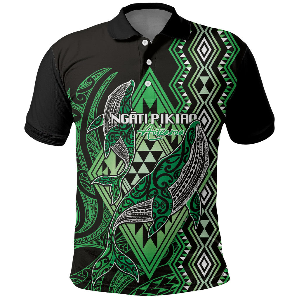 Aotearoa Iwi Ngati Pikiao Personalised Polo Shirt NZ Maori Humpback Whale Taniko Motifs LT14 Green - Polynesian Pride