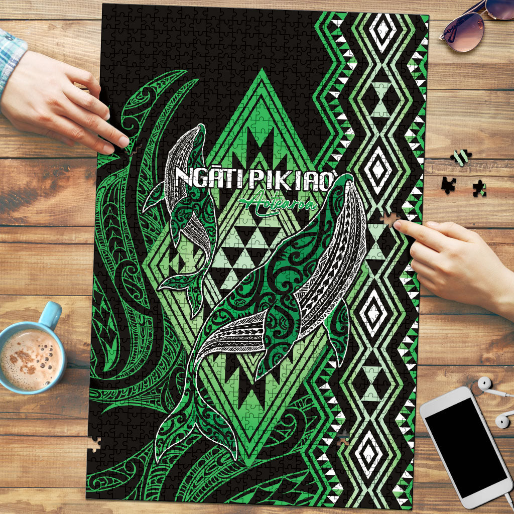 Aotearoa Iwi Ngati Pikiao Puzzle NZ Maori Humpback Whale Taniko Motifs LT14 Green - Polynesian Pride
