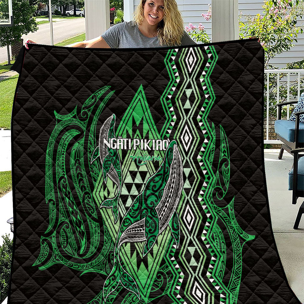 Aotearoa Iwi Ngati Pikiao Quilt NZ Maori Humpback Whale Taniko Motifs LT14 Green - Polynesian Pride
