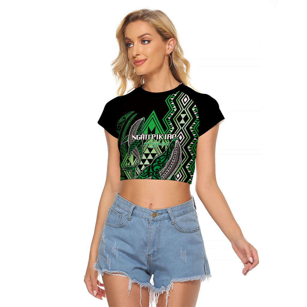 Aotearoa Iwi Ngati Pikiao Personalised Raglan Cropped T Shirt NZ Maori Humpback Whale Taniko Motifs LT14 Female Green - Polynesian Pride