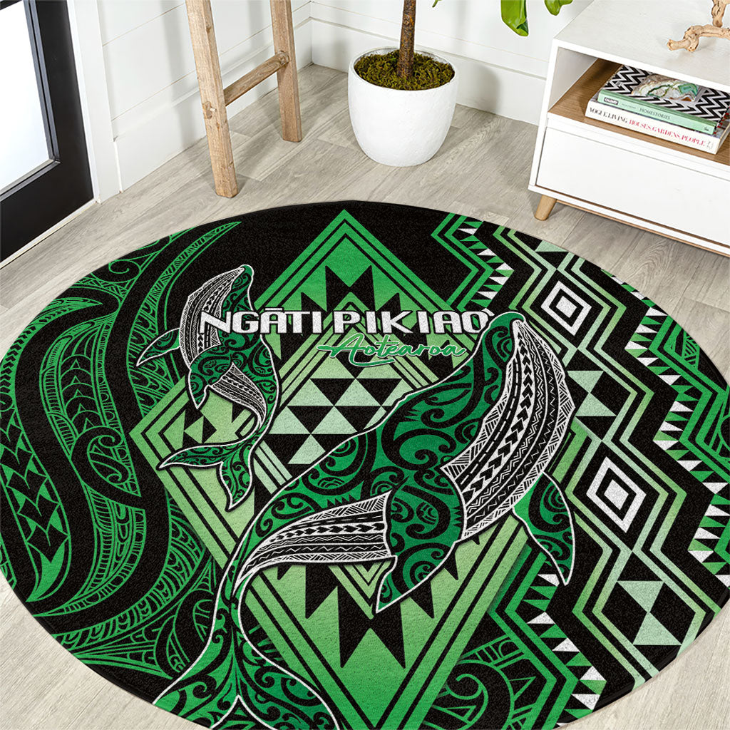 Aotearoa Iwi Ngati Pikiao Round Carpet NZ Maori Humpback Whale Taniko Motifs LT14 Green - Polynesian Pride