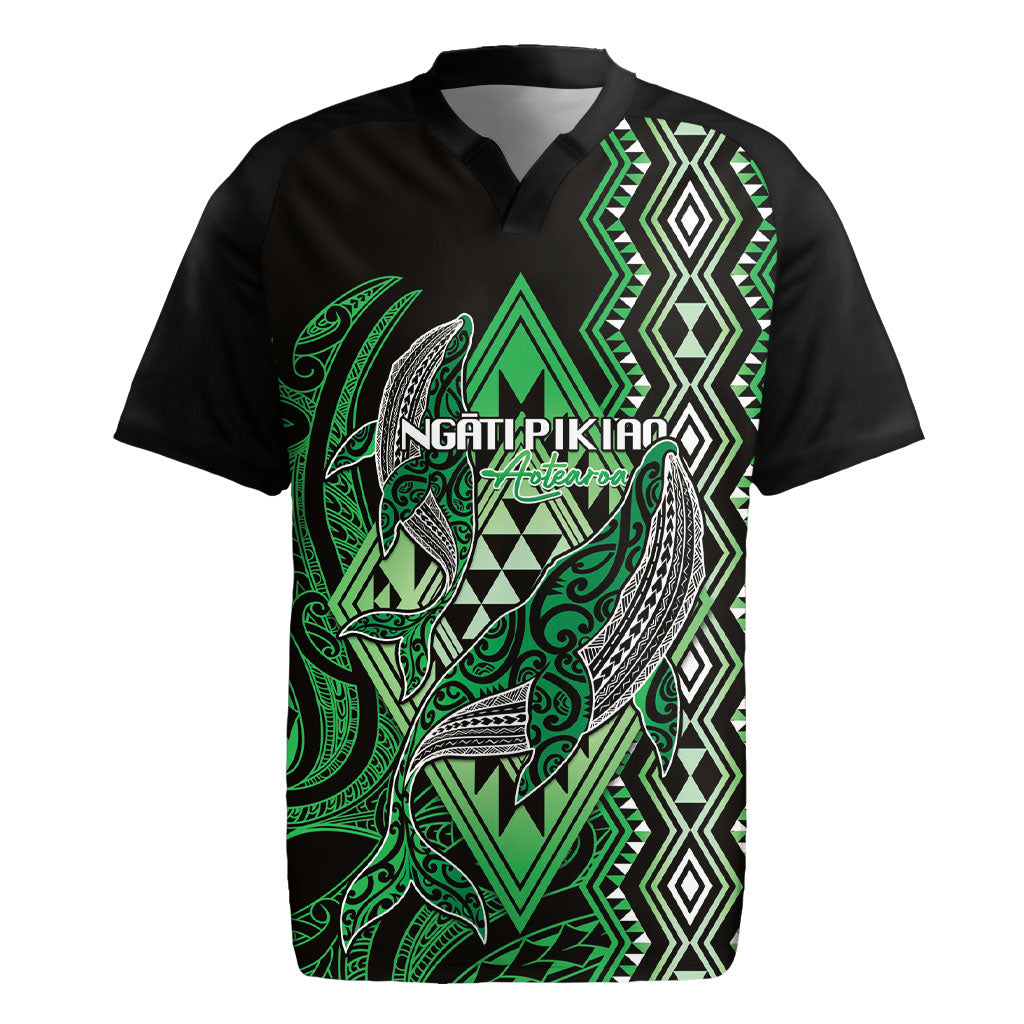 Aotearoa Iwi Ngati Pikiao Personalised Rugby Jersey NZ Maori Humpback Whale Taniko Motifs LT14 Green - Polynesian Pride