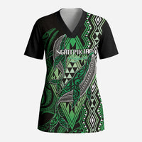 Aotearoa Iwi Ngati Pikiao Personalised Scrub Top NZ Maori Humpback Whale Taniko Motifs LT14 Adult Green - Polynesian Pride