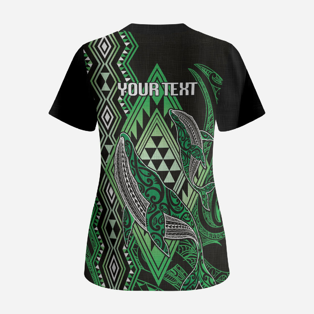 Aotearoa Iwi Ngati Pikiao Personalised Scrub Top NZ Maori Humpback Whale Taniko Motifs LT14 - Polynesian Pride