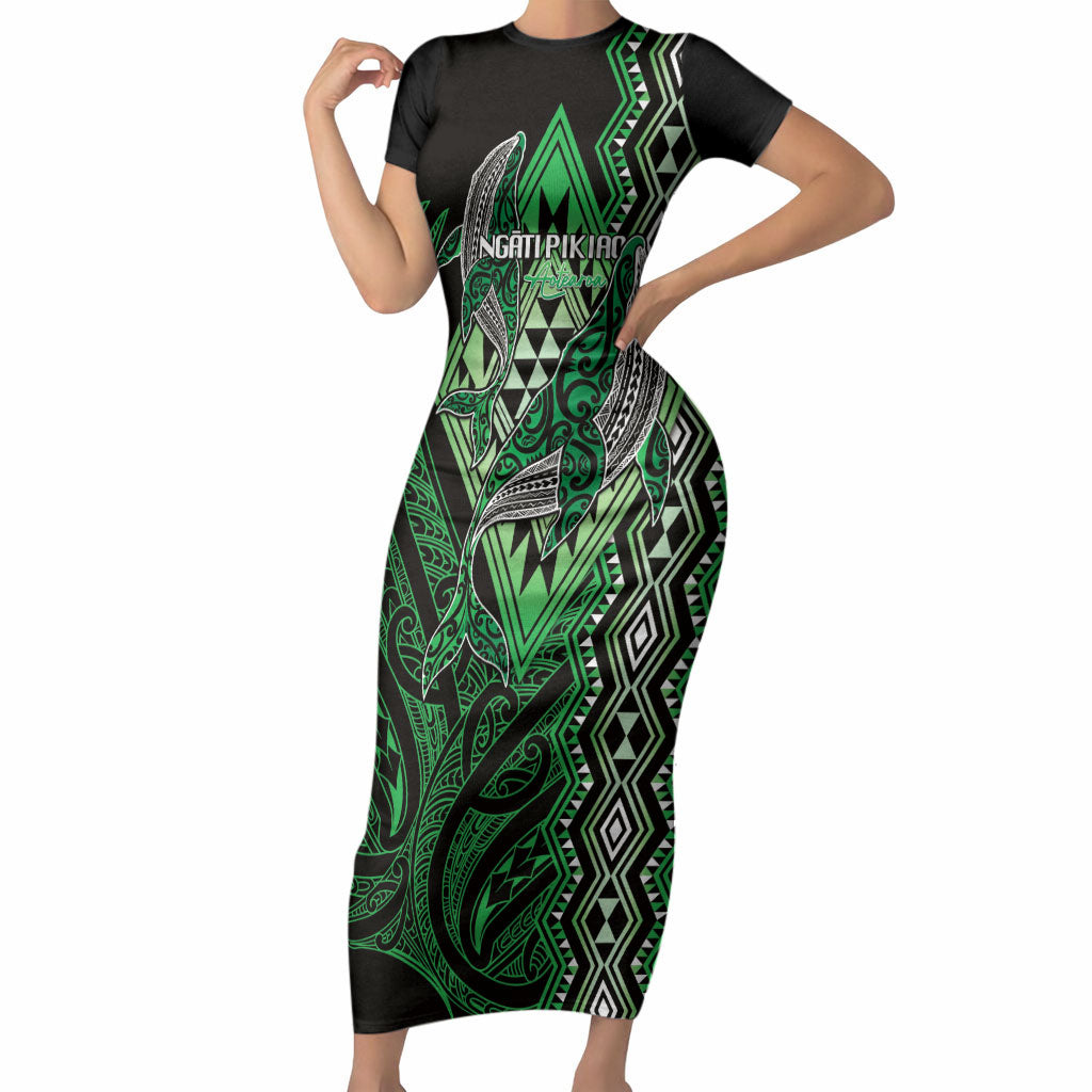 Aotearoa Iwi Ngati Pikiao Personalised Short Sleeve Bodycon Dress NZ Maori Humpback Whale Taniko Motifs LT14 Long Dress Green - Polynesian Pride