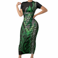 Aotearoa Iwi Ngati Pikiao Personalised Short Sleeve Bodycon Dress NZ Maori Humpback Whale Taniko Motifs LT14 Long Dress Green - Polynesian Pride