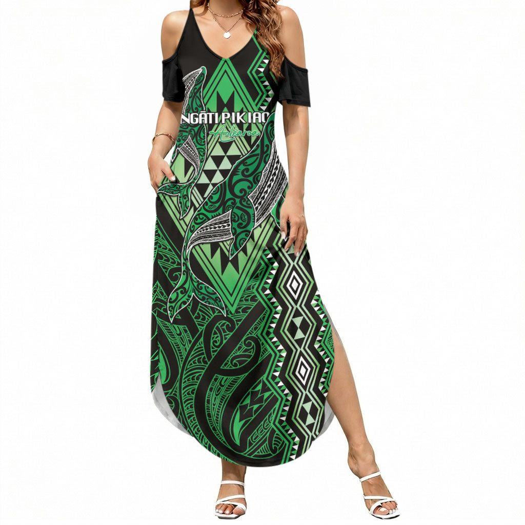 Aotearoa Iwi Ngati Pikiao Personalised Summer Maxi Dress NZ Maori Humpback Whale Taniko Motifs LT14 Women Green - Polynesian Pride