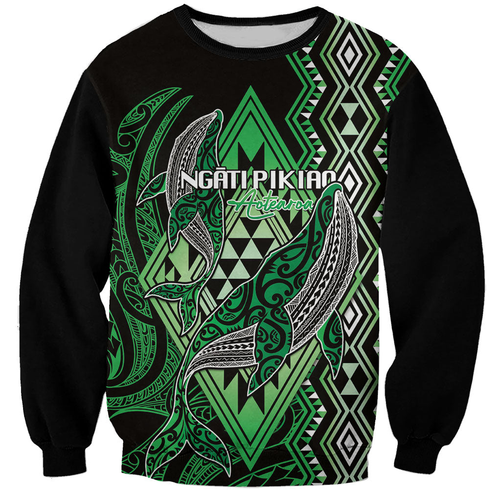 Aotearoa Iwi Ngati Pikiao Personalised Sweatshirt NZ Maori Humpback Whale Taniko Motifs LT14 Unisex Green - Polynesian Pride
