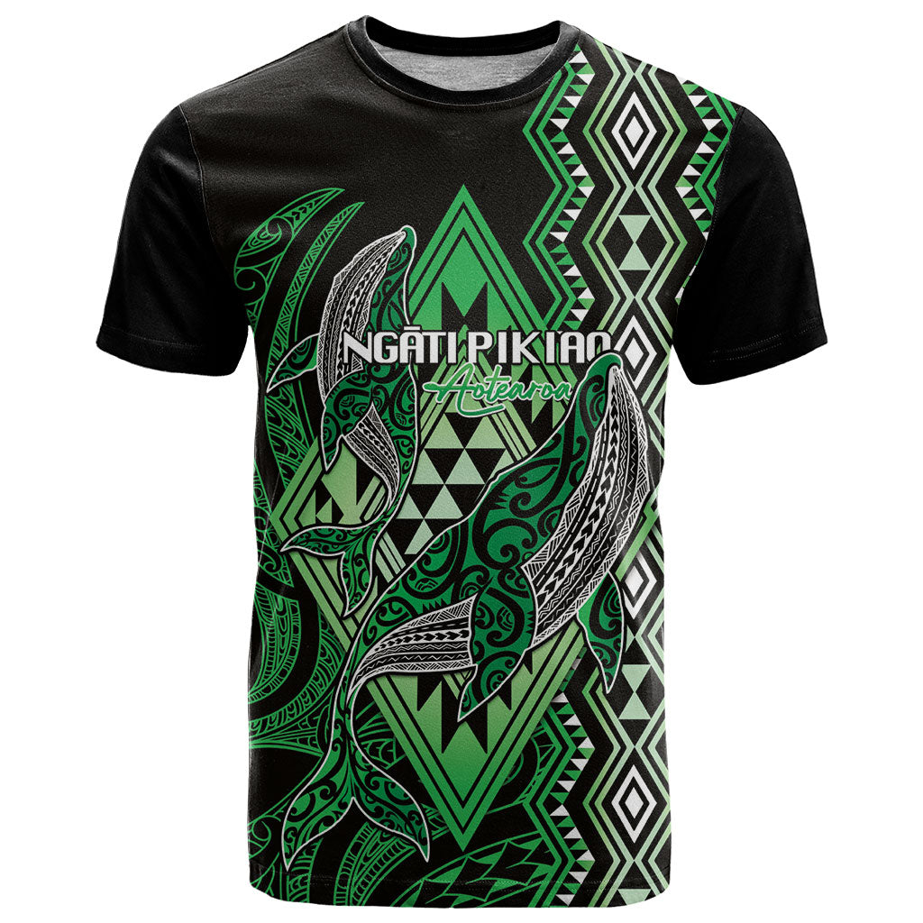 Aotearoa Iwi Ngati Pikiao Personalised T Shirt NZ Maori Humpback Whale Taniko Motifs LT14 Green - Polynesian Pride