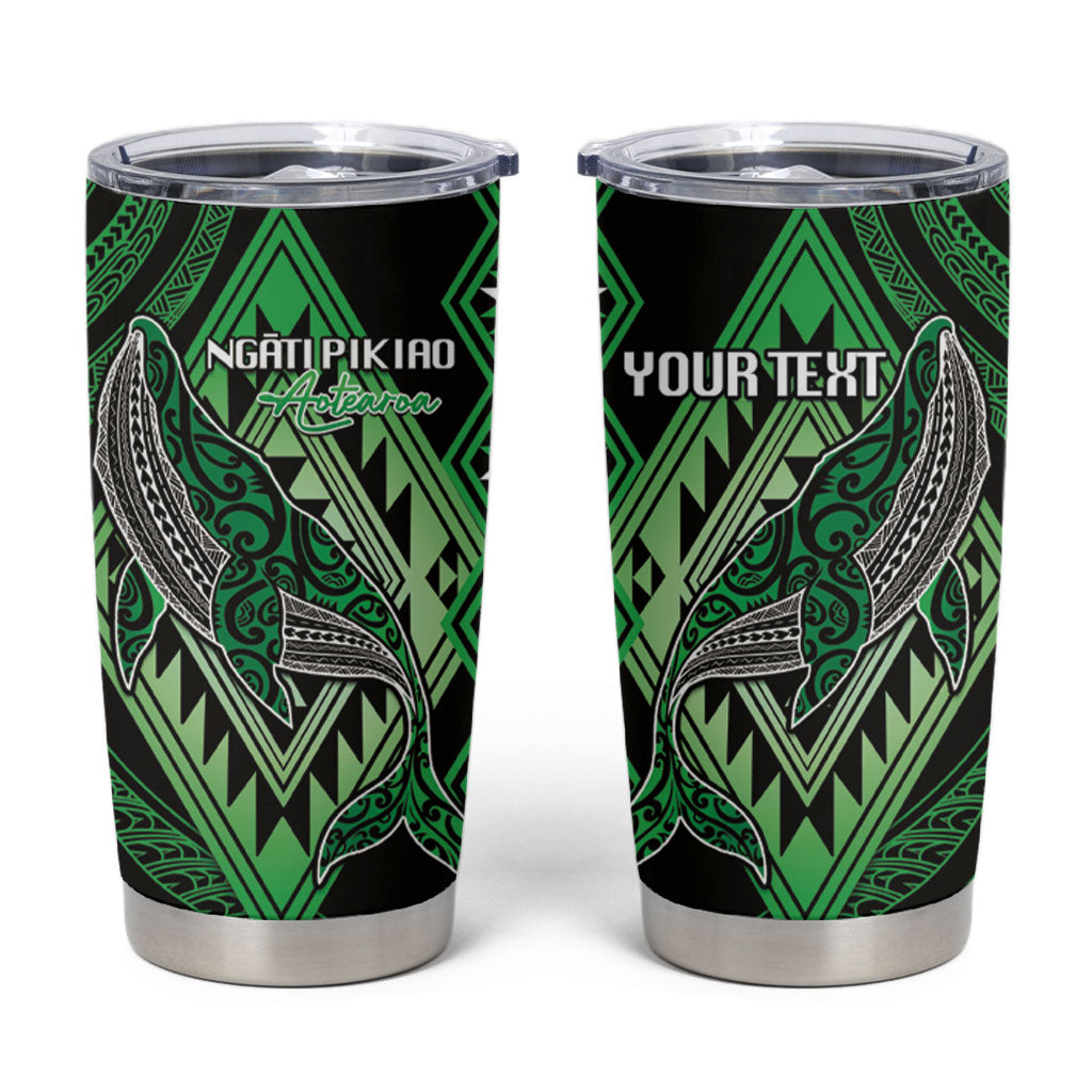 Aotearoa Iwi Ngati Pikiao Personalised Tumbler Cup NZ Maori Humpback Whale Taniko Motifs LT14 Green - Polynesian Pride