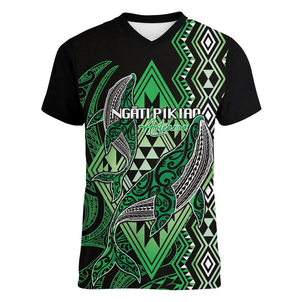 Aotearoa Iwi Ngati Pikiao Personalised Women V-Neck T-Shirt NZ Maori Humpback Whale Taniko Motifs LT14 Female Green - Polynesian Pride