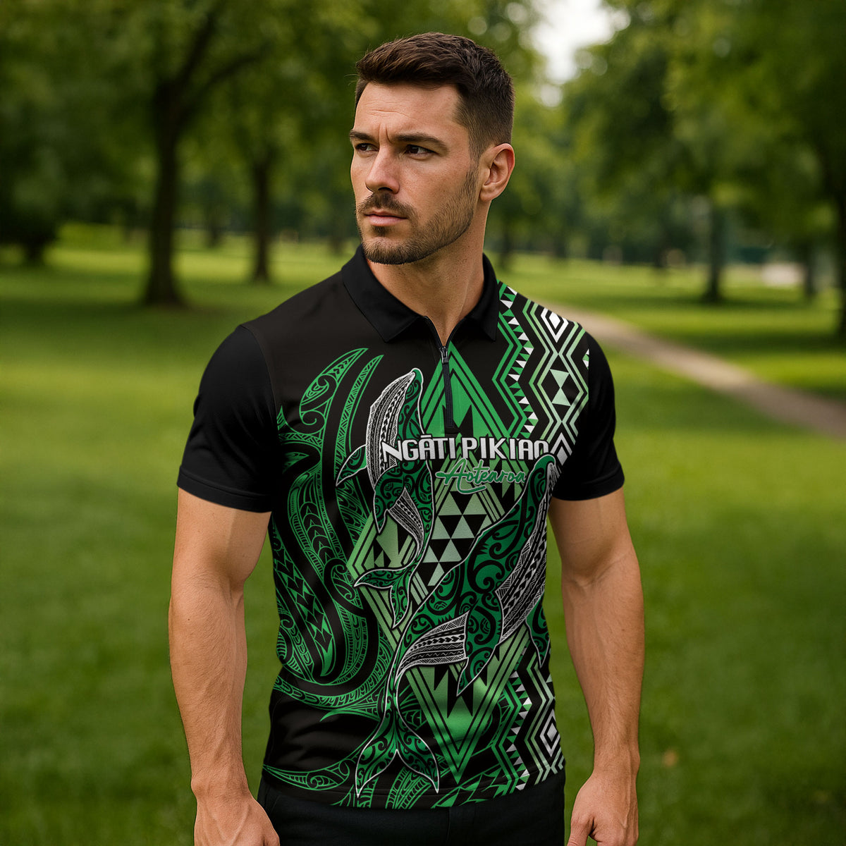 Aotearoa Iwi Ngati Pikiao Personalised Zipper Polo Shirt NZ Maori Humpback Whale Taniko Motifs LT14 - Polynesian Pride