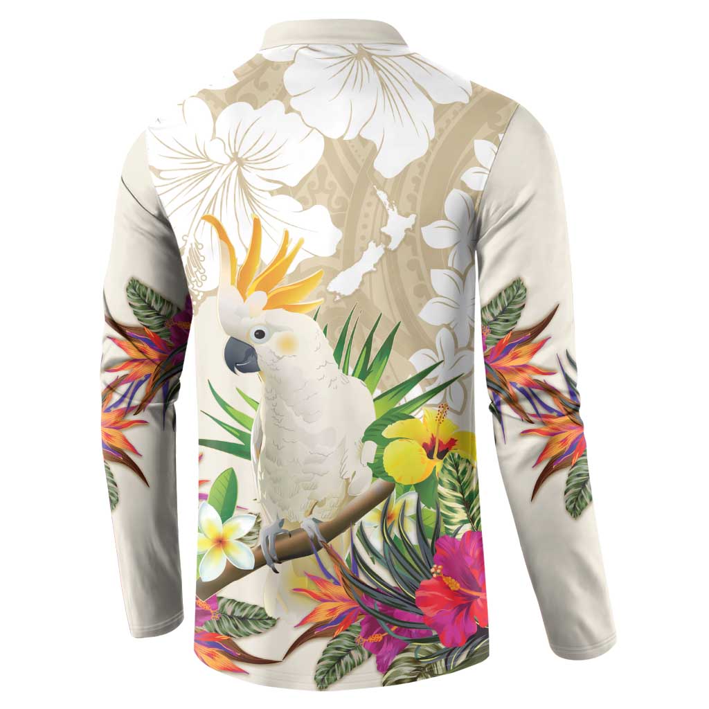 New Zealand Cacatua Galerita Button Sweatshirt Aotearoa Cockatoo Tropical Flowers
