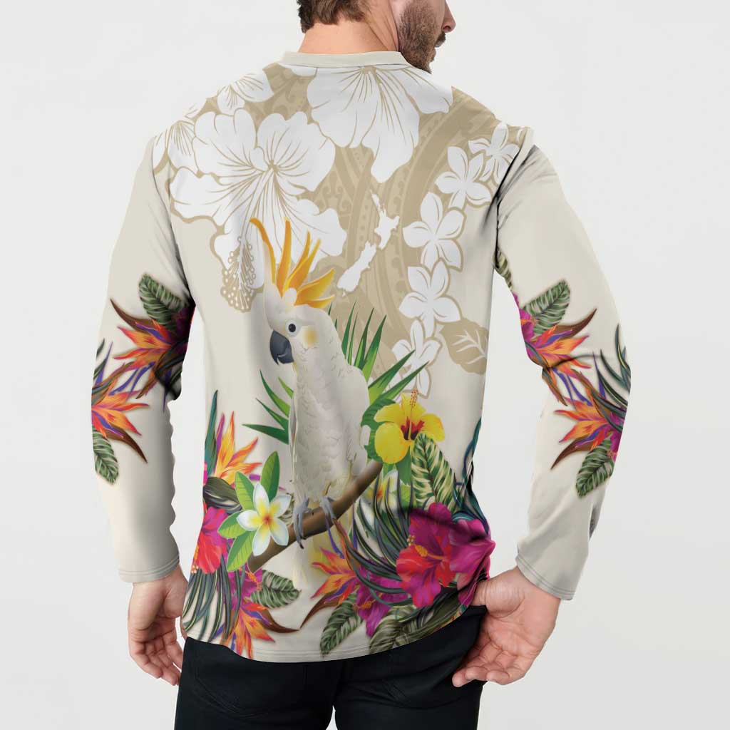 New Zealand Cacatua Galerita Button Sweatshirt Aotearoa Cockatoo Tropical Flowers