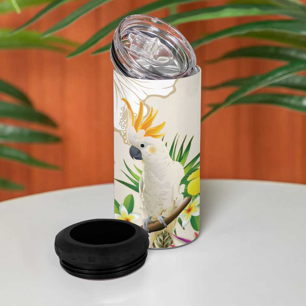 New Zealand Cacatua Galerita 4 in 1 Can Cooler Tumbler Aotearoa Cockatoo Tropical Flowers