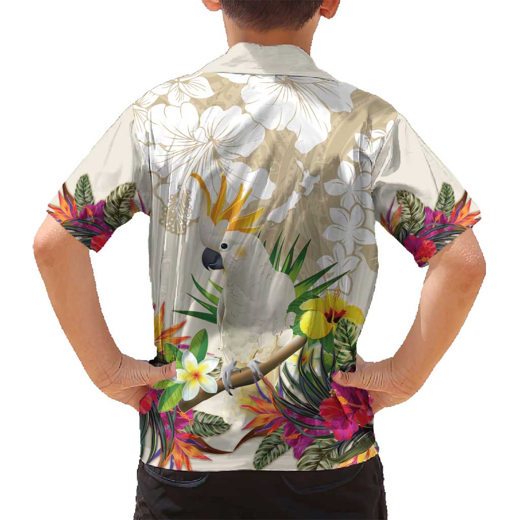 New Zealand Cacatua Galerita Family Matching Off Shoulder Maxi Dress and Hawaiian Shirt Aotearoa Cockatoo Tropical Flowers LT14 - Polynesian Pride