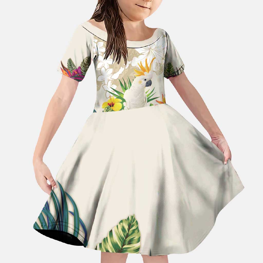 New Zealand Cacatua Galerita Family Matching Off Shoulder Maxi Dress and Hawaiian Shirt Aotearoa Cockatoo Tropical Flowers LT14 Daughter's Dress Beige - Polynesian Pride