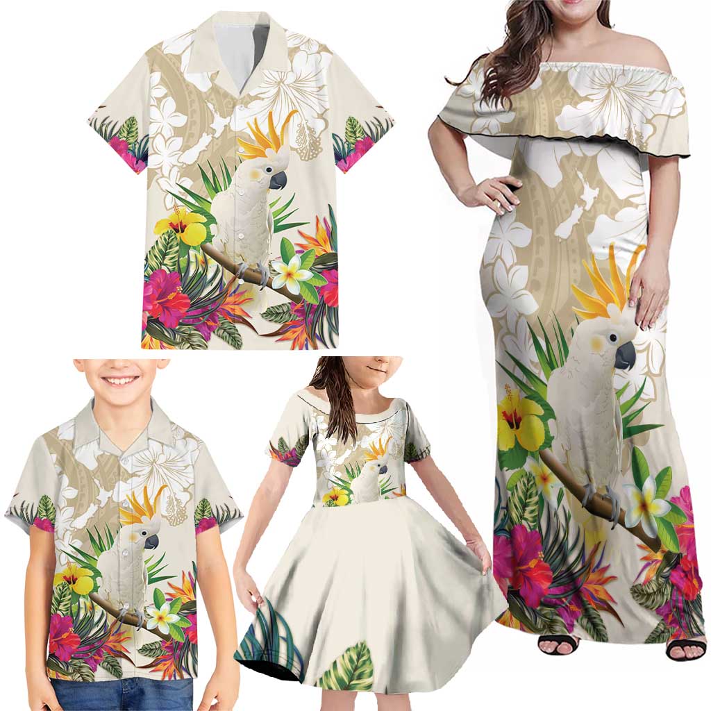 New Zealand Cacatua Galerita Family Matching Off Shoulder Maxi Dress and Hawaiian Shirt Aotearoa Cockatoo Tropical Flowers LT14 - Polynesian Pride