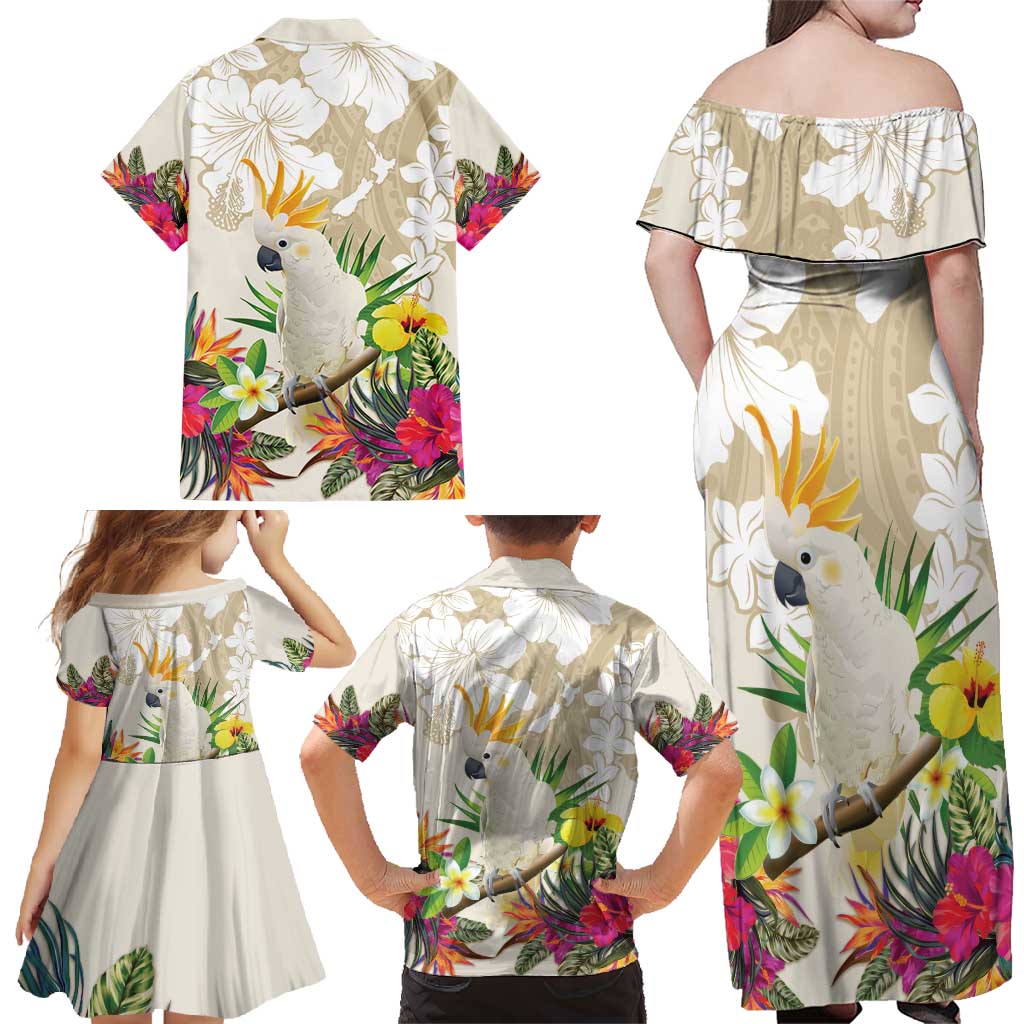 New Zealand Cacatua Galerita Family Matching Off Shoulder Maxi Dress and Hawaiian Shirt Aotearoa Cockatoo Tropical Flowers LT14 - Polynesian Pride
