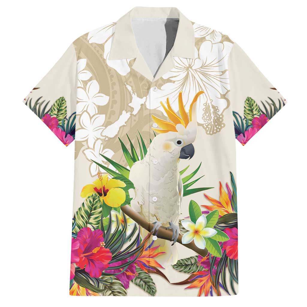 New Zealand Cacatua Galerita Family Matching Off Shoulder Maxi Dress and Hawaiian Shirt Aotearoa Cockatoo Tropical Flowers LT14 Dad's Shirt - Short Sleeve Beige - Polynesian Pride