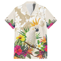 New Zealand Cacatua Galerita Family Matching Off Shoulder Maxi Dress and Hawaiian Shirt Aotearoa Cockatoo Tropical Flowers LT14 Dad's Shirt - Short Sleeve Beige - Polynesian Pride